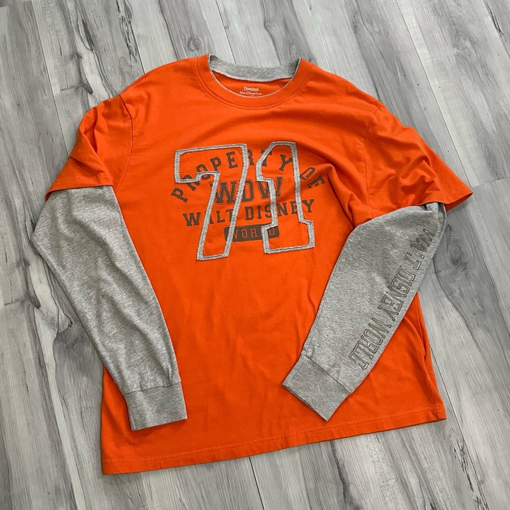 Walt Disney World Property of WDW Faux 2 Layer Long T-shirt Orange Gray Mens L